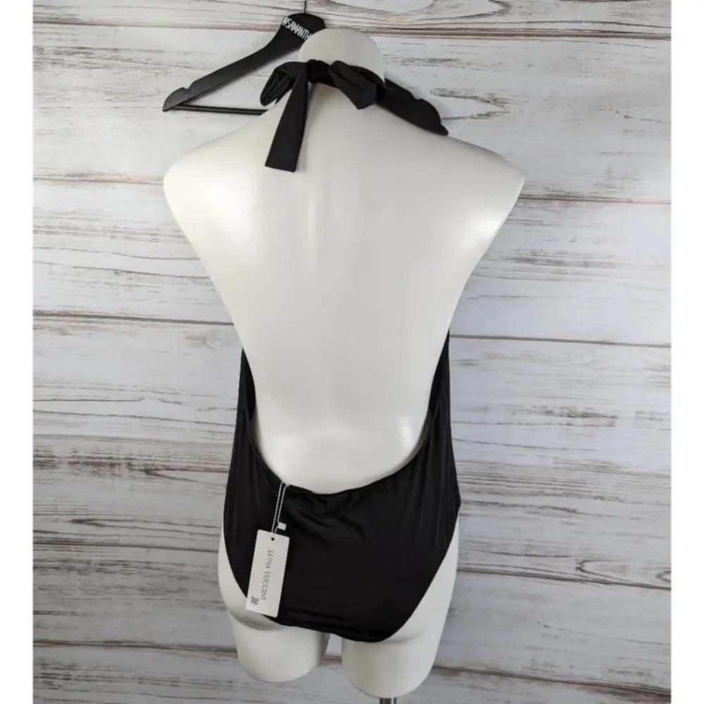 Luna Tuccini Black Halter Deep V Neck One-piece Bathingsuit Swim Sz 10 New